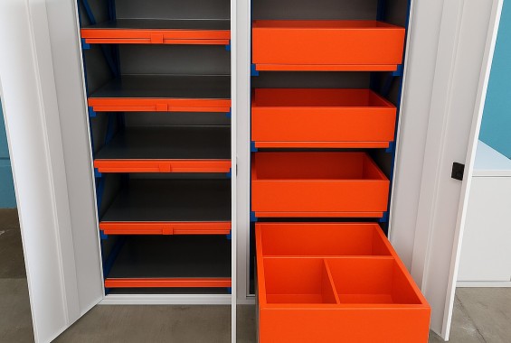 складские стеллажи с выдвижными полками и лотками